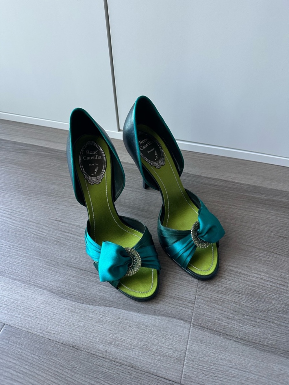 René Caovilla Teal Emerald Satin Open-Toe Heels with Crystal-Embellished Knot